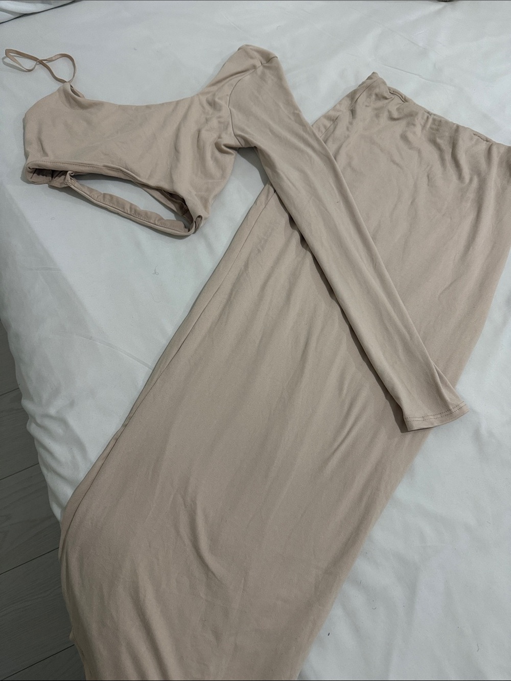 Fashion Nova Nude Beige Two-Piece Asymmetrical Crop Top & Maxi Skirt